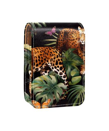 Lipstick Case Leather Lip Gloss Lipstick Organizer with Mirror Mini Lipstick Holder Bag Tropical Palm Leaves Leopard Butterfly X505r7kfbt