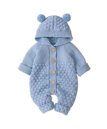 Haokaini Newborn Baby Ear Hooded Knitted Warmer Winter Romper Bodysuit Snowsuit for Boys Girls 3-6 Months Blue