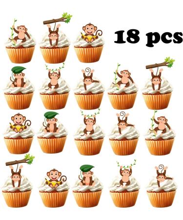 18pcs Cute Monkey Cupcake Toppers for Boys Girls Happy Birthday Banana Safari Jungle Animal Party Decorations Supplies Glitter Monkey Birthday Cake Decorations - Buy Online on GoSupps.com