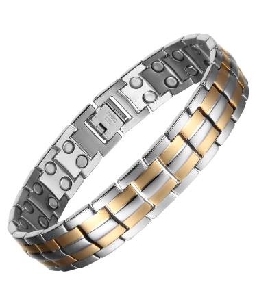 MagEnergy Titanium Steel Magnetic Bracelets for Men 4 Element Double Row Ultra Strength Magnets Wristband Magnetic Brazaletes with Adjustable Links Removal Tool & Jewelry Gift Box (Silver+Gold)
