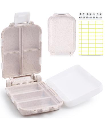 Portable Pill Organizer Travel Pill Case Folding Design 8 Compartments Small Daily Pill Box for Purse Pocket to Hold Vitamins Cod Liver Oil Supplements and Medication (Beige)