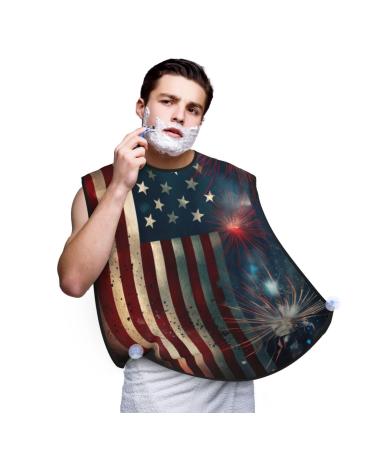 Colorful Fireworks US Flag Shaving Bib Gifts for Dad Waterproof Election Day Beard Apron One Size Fits All