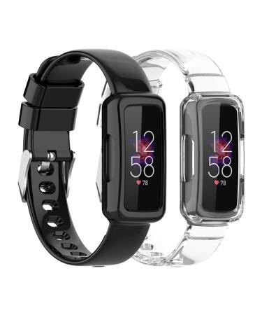 Kakurookie 2 Pack Compatible with Fitbit Luxe/Inspire/Inspire HR/Inspire 2/Ace 2/Ace 3 Bands with Case Shockproof Rugged Band Strap with Protective Bumper Case Men Women Black+Clear