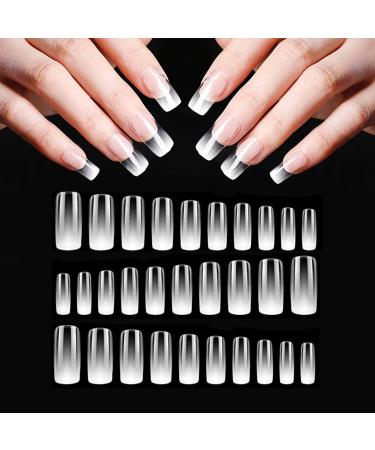 MISUD 72pcs Long Square Fake Nails, Gradient Color French Nail Sets Natural Glossy False Nails Full Cover Press on Nail Tips(White)