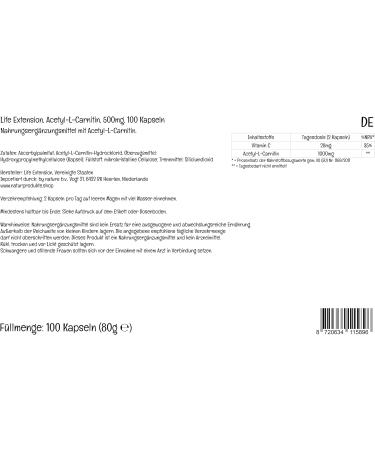Life Extension Acetyl-L-Carnitine 500mg with High Dose Vitamin C - 100 Vegan Capsules | Laboratory Tested, Gluten-Free, Vegetarian, Non-GMO - Buy Online on GoSupps.com