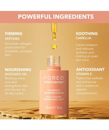FOREO SUPERCHARGED Overnight Skin Repair Face Oil - Organic Vitamin E Oil with Avocado & Camellia Oil - Nourishing Facial Oil for Radiant Smooth Skin - Vegan & Cruelty-Free - 1 fl. Oz - Buy Online on GoSupps.com