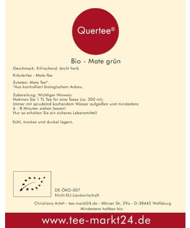 teemarkt24 Quertee Mate Tee Organic unroasted green organic yerba mate leaves coffeecontaining 200 g - Buy Online on GoSupps.com