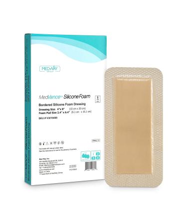 MedVanceTM Silicone - Bordered Silicone Adhesive Foam Dressing Size 4X8 (2.4"x 6.4" Pad) Box of 5 dressings 4"x8"
