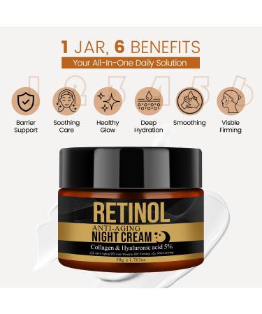 Retinol Anti-Aging Night Cream with Collagen & Hyaluronic Acid, Night Anti-Wrinkle Face Moisturizer for Men, Smooth Fine Lines, Tightening & Hydrating Men's Routine Skincare, 50g/1.76oz - Buy Online on GoSupps.com