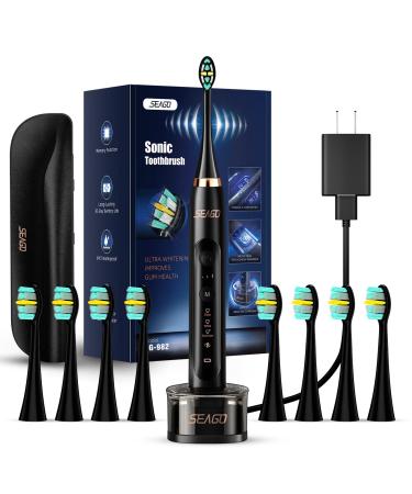 SEAGO Ultrasonic Electric Toothbrush for Adults, Twin-Engine 3 Modes and 3 Intensities, Wireless Rechargeable Sonic Toothbrush, 8 Brush Heads & Travel Toothbrush Set, Black