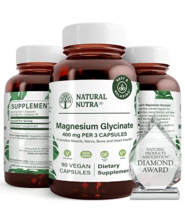 Natural Nutra Magnesium Glycinate 400 mg Supplement Pure Calm Highly Bioavailable for Sleep Vegan Soy Free 90 Capsules