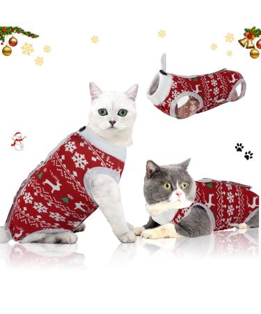 Ouuonno cat-wunde surgery recovery suit for abdominal wounds or skin diseases wearing operations pajama suit e-neck band Alternative for cats (S Christmas) pink Christmas S