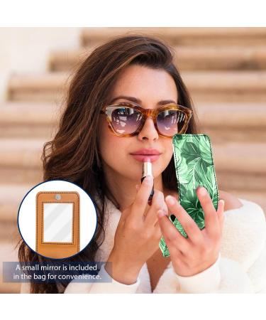 Lipstick Case Organizer | Leather Lip Gloss Holder with Mirror | Mini Tropical Palm Leaves Design - Buy Online on GoSupps.com