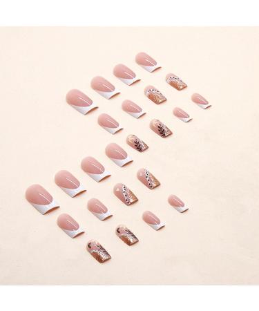 Glitter French Press on Nails - 24Pcs Square False Nails with White Design | Nail Glue Included | Full Cover Stick on Nails for Women & Girls - French Leaf Glitter - Buy Online on GoSupps.com