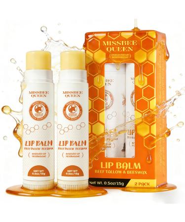 Beef Tallow Lip Balm with Original Beeswax Dual-layer Hydrating Moisturizing for Dry Lips Smooths Texture Delivers Softness & Enhances Natural Shine Unscented 2PC (0.5 oz / 15g / 1pc)