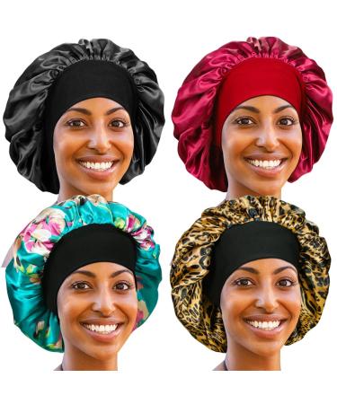 4 Pack Silky Sleep Bonnet for Curly Hair Large Hair Bonnets for Hair Care Satin Sleeping Cap Night Cap for Women Medium - Buy Online on GoSupps.com