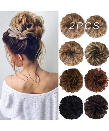 HOOJIH Messy Bun Hair Piece  2PCS Tousled Updo Hair Extensions Hair Bun Curly Wavy Ponytail Hairpieces Hair Scrunchies with Elastic Rubber Band for Women Girls Color Dark Blonde Large and Medium Dark Blonde