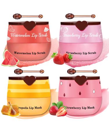 LZXLUKGIR 4PCS Lip Scrub and Mask Set,Strawberry and Honey Pot Lip Balm,Reduces Lip Lines Lip Exfoliator Scrub and Moisturizer,Repair Bee Lip Balm and Lip Scrub Set,Lip Mask Overnight