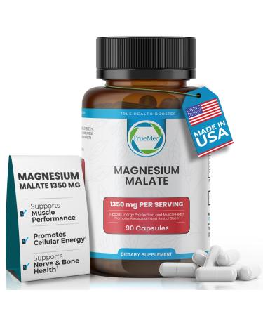 Truemed Magnesium Malate Capsules 1350mg High Bioavailability Magnesium Supplement for Muscle Function, Energy & Metabolic Support, Vegan, Non-GMO, Made in USA - 90 Capsules