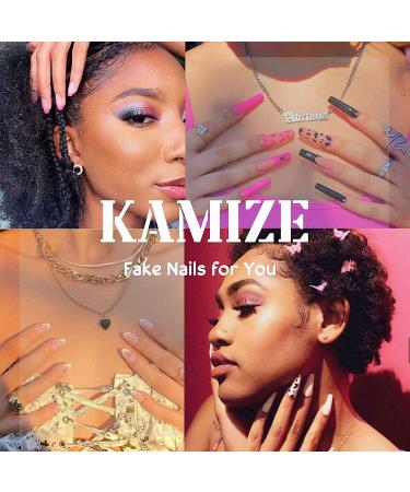 Kamize French Tips Press on Nails - Long White Luxury False Nails - 24PCS Stylish Coffin Ballerina Acrylic Nails for Women and Girls - Buy Online on GoSupps.com