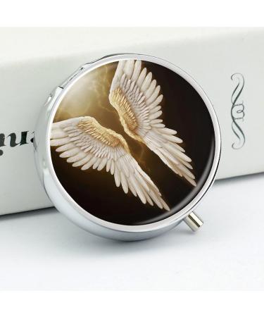 Round Pill Box with Angel Wing Print | 3 Compartment Decorative Metal Pill Organizer | Portable Pocket Pill Case - Buy Online on GoSupps.com
