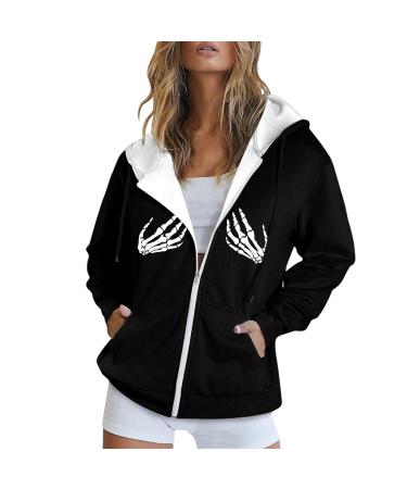 Halloween Costumes Long Sleeve Pocket Zipper Sports Coat Loose Print Women's Hoodie Long Puff Vest for Women Large Black