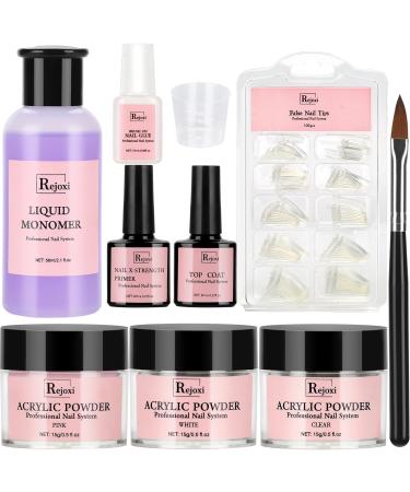 Acrylic Nail Kit with Primer and Top Coat, Nail Starter Kit for Beginners with Everything Nail Tips Glue Brush at Home Acrylic Powder Monomer Set White, Clear, Pink