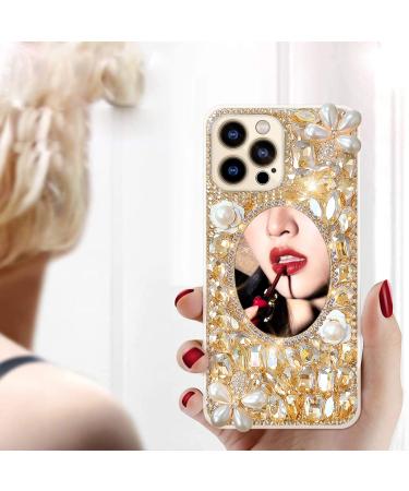 Cavdycidy Designer for iPhone 13 Pro Max Mirror Case with Bling Gemstone 3D Glitter Sparkle Diamond Phone Case Luxury Shiny Crystal Rhinestone Protective Cover for Women/Gril(Gold Gems) 13promax Gold