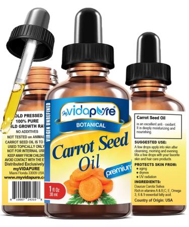 MYVIDAPURE CARROT SEED OIL WILD GROWTH Daucus Carota 100% Pure VIRGIN UNREFINED Undiluted for Skin, Face, Hair, Lip and Nail Care (1 Fl Oz) 1 Fl Oz (Pack of 1)