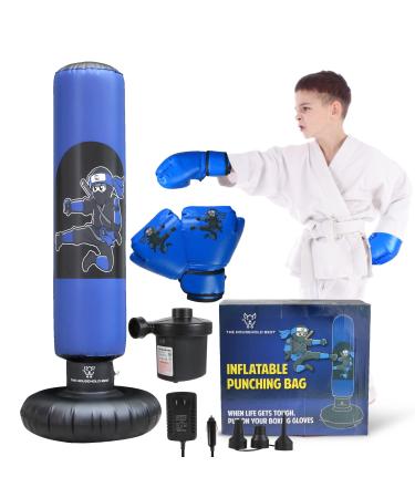 THB Inflatable Punching Bag for Kids, 63" Freestanding Ninja Boxing Bag Including Electric Air Pump with Gloves for Practicing Karate, Taekwondo, MMA Blue