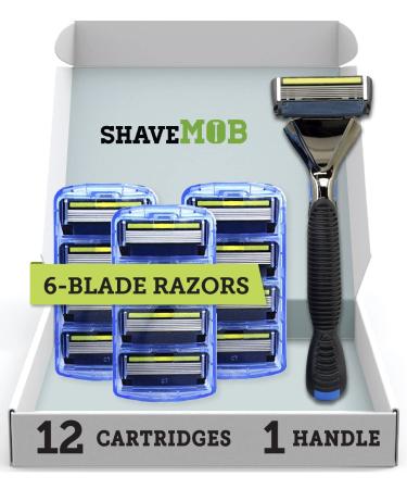 ShaveMOB 6-Blade Men's Razor Kit (Flex Head Handle with Trimmer + 12 Refills) - The Caveman Shaving Kit 12 Pack with Handle