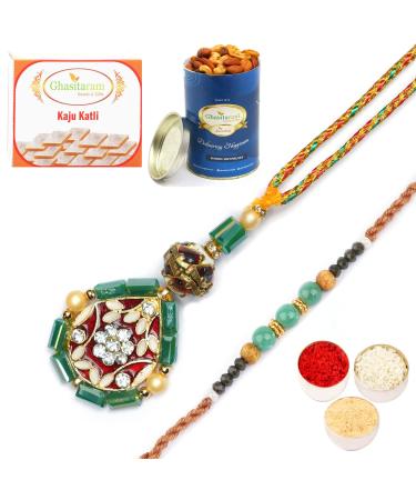 Ghasitaram Gifts Rakhis Online - Rakhi for Brother- RM-169 Bhaiya Bhabhi Rakhi with 100 GMS of Dryfruits Mix Can 200 GMS of Kaju katli Rakhi Set & 100g Dryfruits Mix Can 200g Kaju katli
