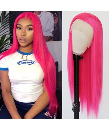 Lovestory Magenta Hair Lace Front Wigs Long Straight Hot Pink Color Heat Resistant Hair Glueless Synthetic Lace Frontal Wig for Women