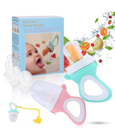 Baby Fruit Food Feeder Pacifier - Fresh Food Feeder Silicone Infant Fruit Teething Toy 2 Pack with 6 Silicone Sac and 1 Pacifier Clip (Cyan & Light Pink)