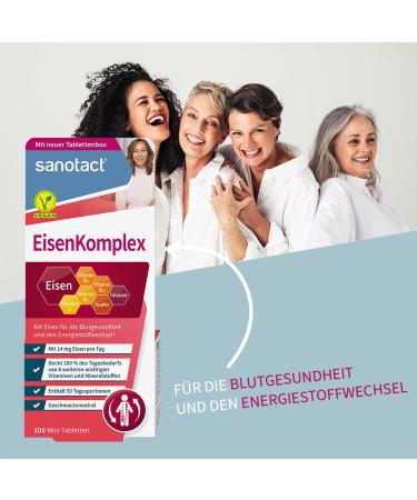 Sanotact Iron Complex - 6x100 Mini Tablets | 14mg Iron Copper Folic Acid Vitamin C | Vegan Supplement for Iron Deficiency & Blood Formation - Buy Online on GoSupps.com