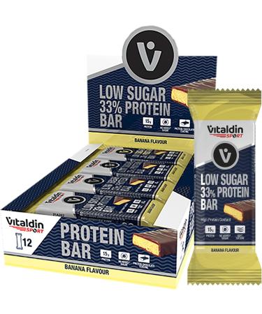 VITALDIN SPORT Low Sugar Protein Bar Banana - 12 x 45g bars Banana flavour - High protein low sugar bar - No added sugars - Buy Online on GoSupps.com