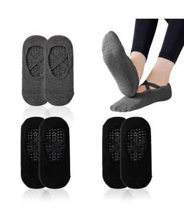 Nitaiun 3 pair of yoga socks for women non-slip grip socks with straps anti-slip socks for barre fitness pilates ballet dance barefoot training unit size black gray 37-45 large sizes gray black