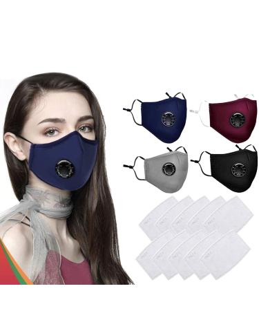 Four Washable 100% COTTON Face Masks Reusable with 10 Filters With Breathing Valve Ear Loop Covering Protection Mouth Cover Mask Colour: Black Brown Grey & Blue (4Mask+10Filters)