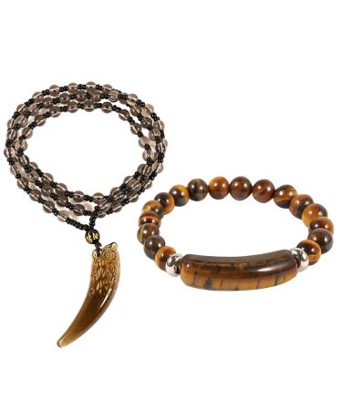 Soulnioi Tiger's Eye Bridge Beaded Bracelet and Vintage Mixed Obsidian Wolf Tooth Pendant Necklace Wolf's Tooth