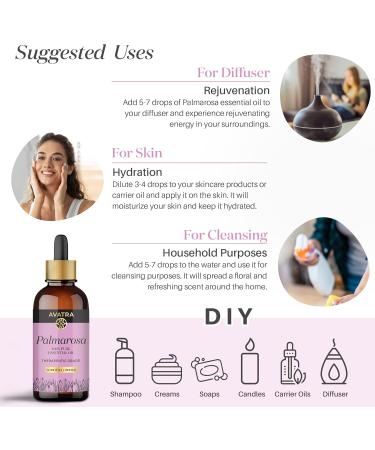 Buy Avatra Palmarosa Essential Oil - Pure & Natural for Skin Aromatherapy and Massage | Therapeutic Grade 3.38 Fl Oz - International Shipping Available - Buy Online on GoSupps.com