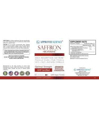 Buy Approved Science Saffron - 3% Crocin 2% Safranal - High-Absorption BioPerine - Vegan - 60 Capsules - International Shipping - Buy Online on GoSupps.com