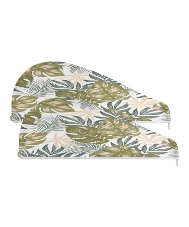 Tropical Leaves Dry Hair Cap 2 Piece Quick Drying Towel Set with Button Headband Super Absorbent Soft & Comfortable