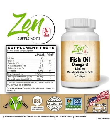 Zen Supplements - Omega-3 1000 Mg 100-Softgel - Omega-3 Burpless Fish Oil Supplement with 100Mg DHA & 180Mg EPA per Capsule - Supports Heart Health Brain Development and General Wellness - Buy Online on GoSupps.com