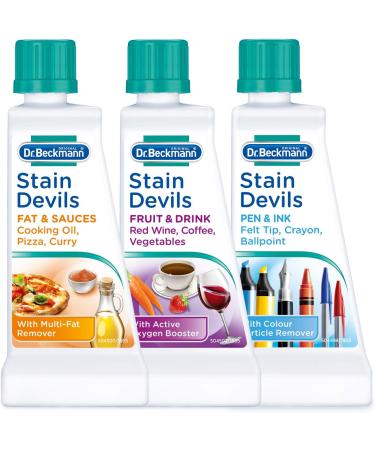 Dr.Beckmann Stain Devils Survival Kit Removes Over 40 Stubborn Stains Fast Acting - Tough Staines Removed In 3 Minutes 1 X Stain Devil - Cooking Oil & Fat Remover 1 X Stain Devil - Tea Red Wine Fruit And Juice Remover 1 X Stain Devil - Ball Point Ink And  - Buy Online on GoSupps.com
