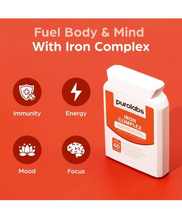 Iron Complex Supplement - 60 Vegan Capsules - Gentle Iron Bisglycinate - for Men and Women - with Vitamin C Folic Acid B2 and B12 - Made in The UK by Purolabs - Buy Online on GoSupps.com