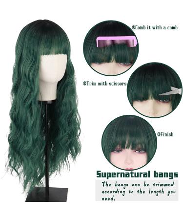 MERISIHAIR Long Dark Green Wig with Bangs - Ombre Curly Synthetic Wig for Women | Perfect for Daily & Party Use - Buy Online on GoSupps.com