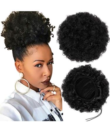 Afro Puff Drawstring Ponytail Synthetic Short Afro Kinkys Curly Afro Bun Extension Hairpieces Updo Hair Extensions with Two Clips Bun Ponytail Extensions Medium Size 1B#(65g)