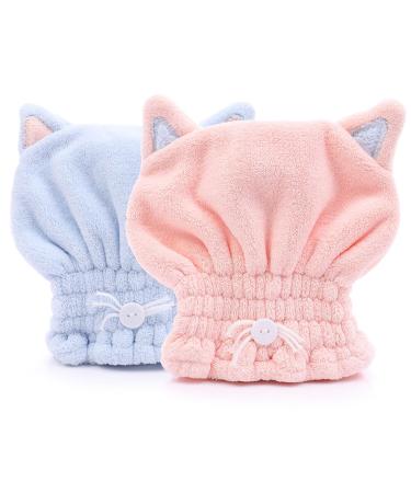 Boloshine 2 pieces microfiber towel hair hat sweet cat ear fast drying hair turban wrap super absorbent microfiber towels for women travel bathroom head wrap (pink+blue)