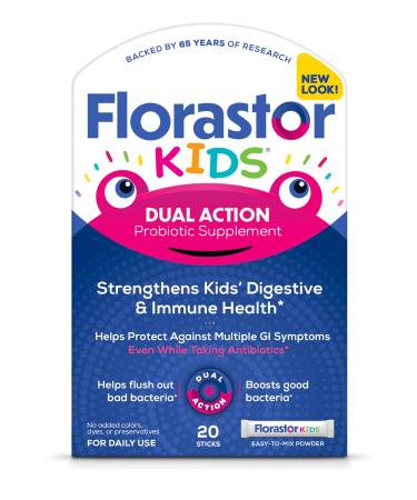 Florastor Kids Dual Action Probiotic Supplement Strengthens Kids' Digestive & Immune Health 20 Easy-to Mix Powder Sticks Packaging May Vary 20 Servings (Pack of 1)