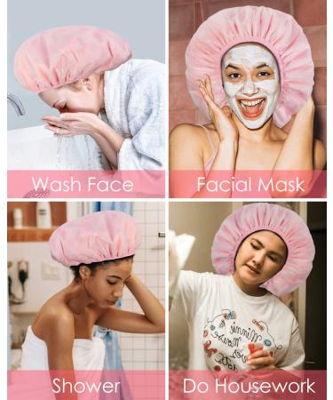 Auban Shower Cap for Women - Reusable Double Layer Waterproof Terry Cloth Lined EVA Exterior - Large Bath Hair Cap - Pink - Buy Online on GoSupps.com